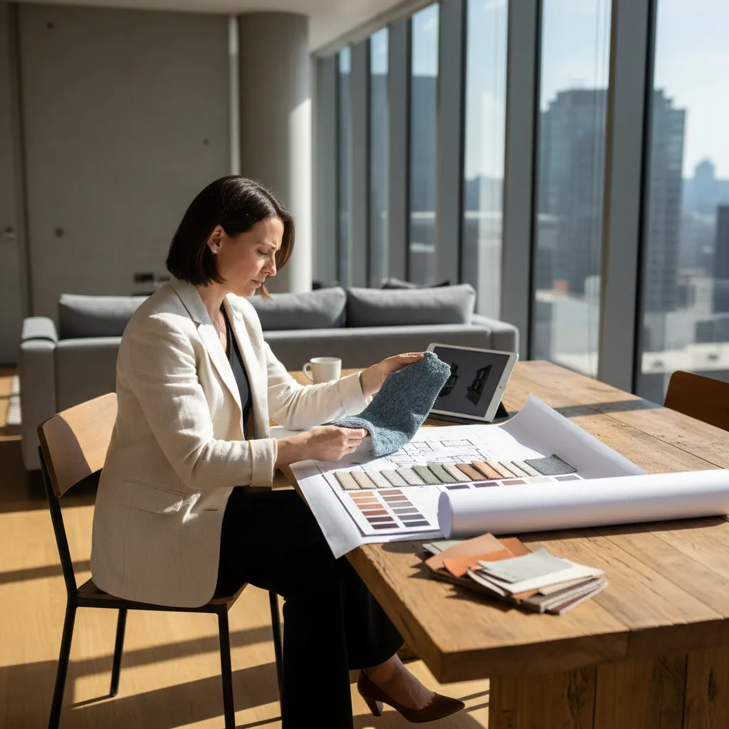 Decorador de interiores analizando una vivienda con muestras de materiales
