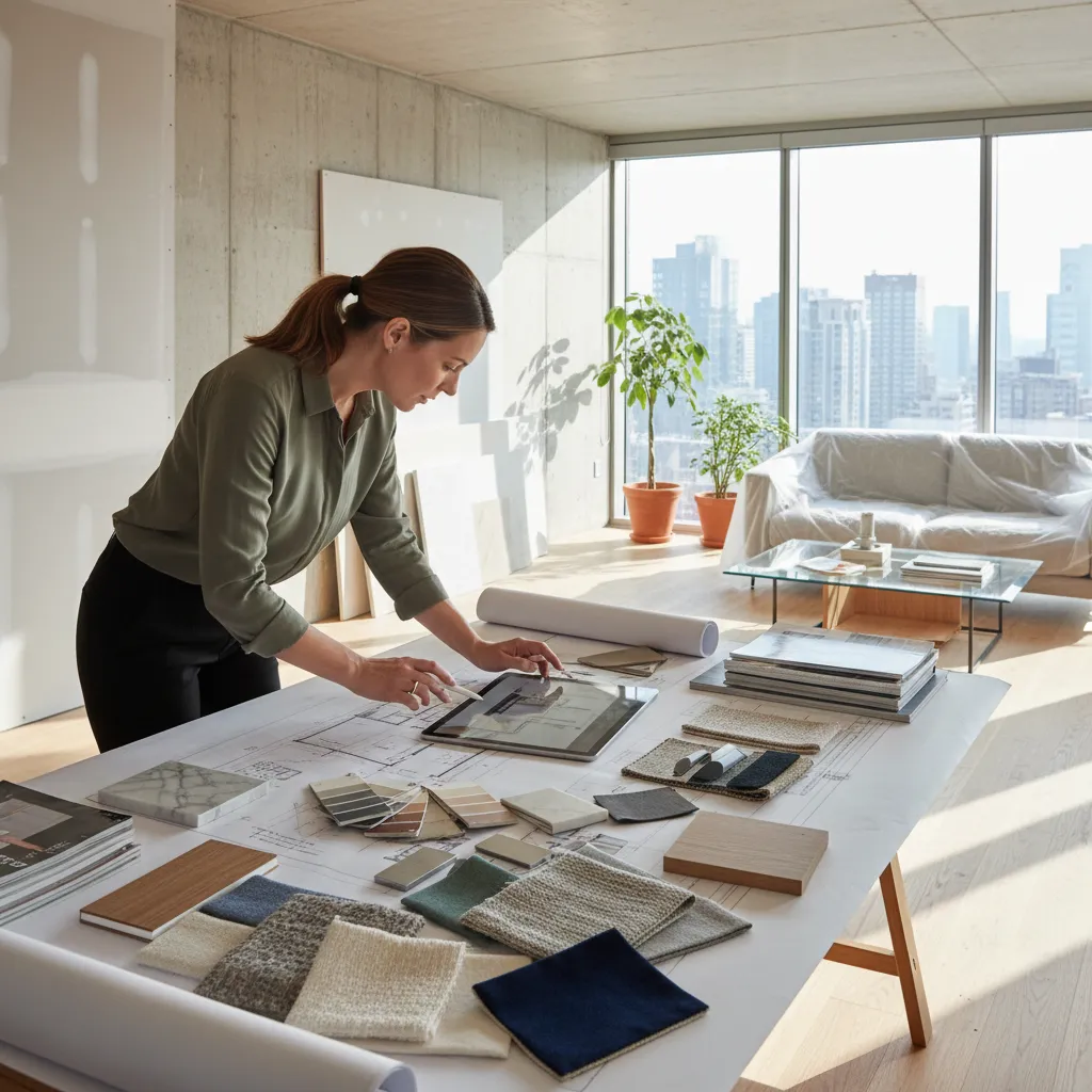 Diseñador de interiores revisando planos en un proyecto residencial