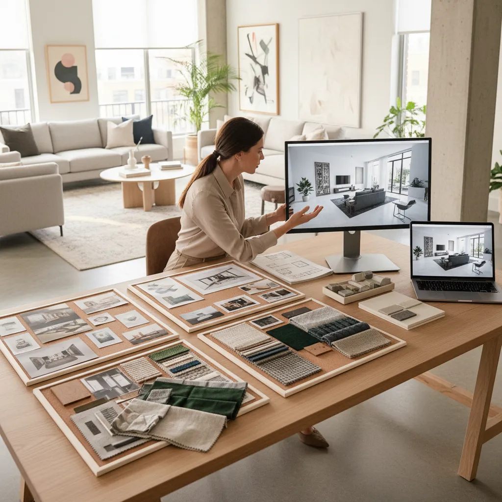 Decorador revisando un diseño de salón moderno con muestras de materiales