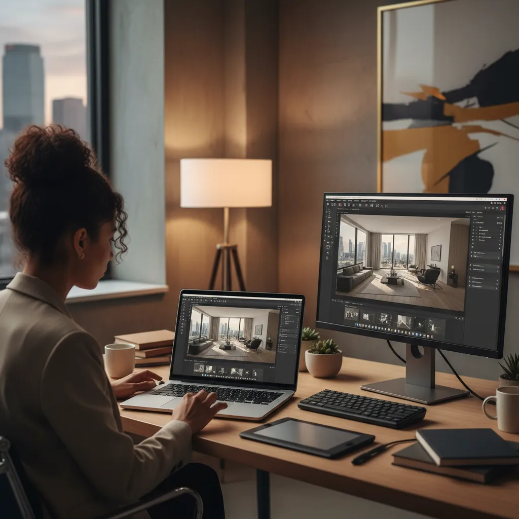 Woman using laptop and monitor showing modern living room interior design drawing in home office