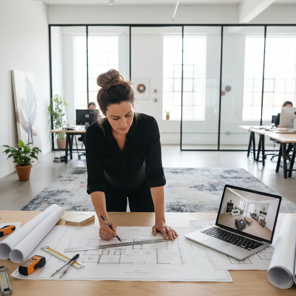 Diseñador analizando planos de distribución en una mesa de trabajo