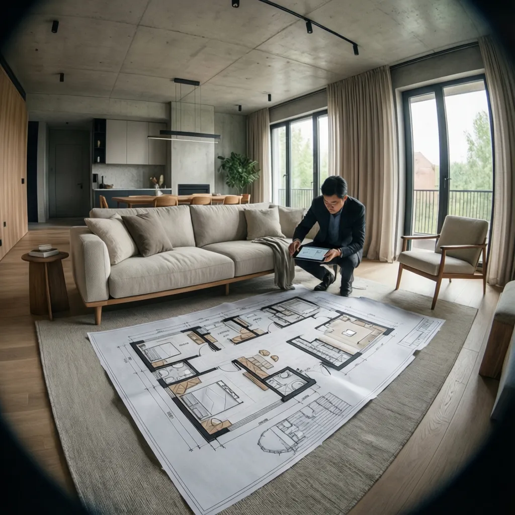 Diseñador analizando la distribución de un salón moderno
