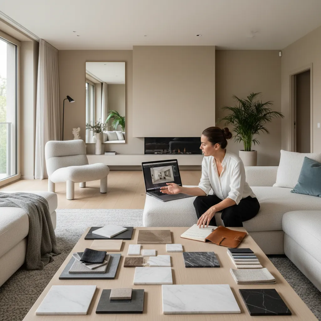 Decorador analizando el diseño de una sala de estar moderna