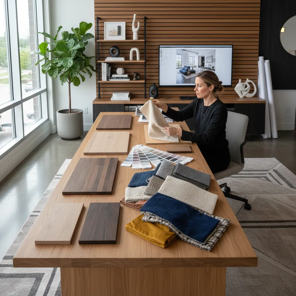 Diseñador revisando muestras de materiales en una mesa de trabajo
