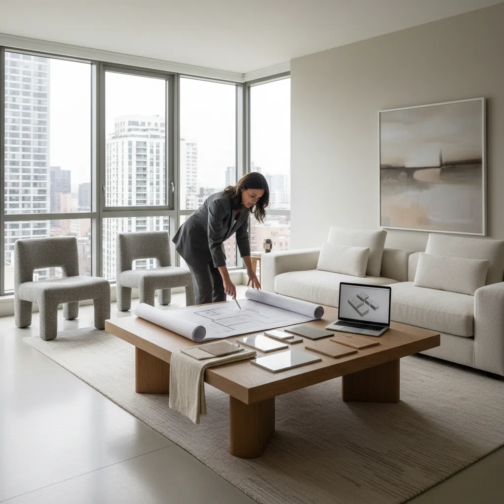 Female designer reviewing floor plan paper on a wooden coffee table with a laptop nearby