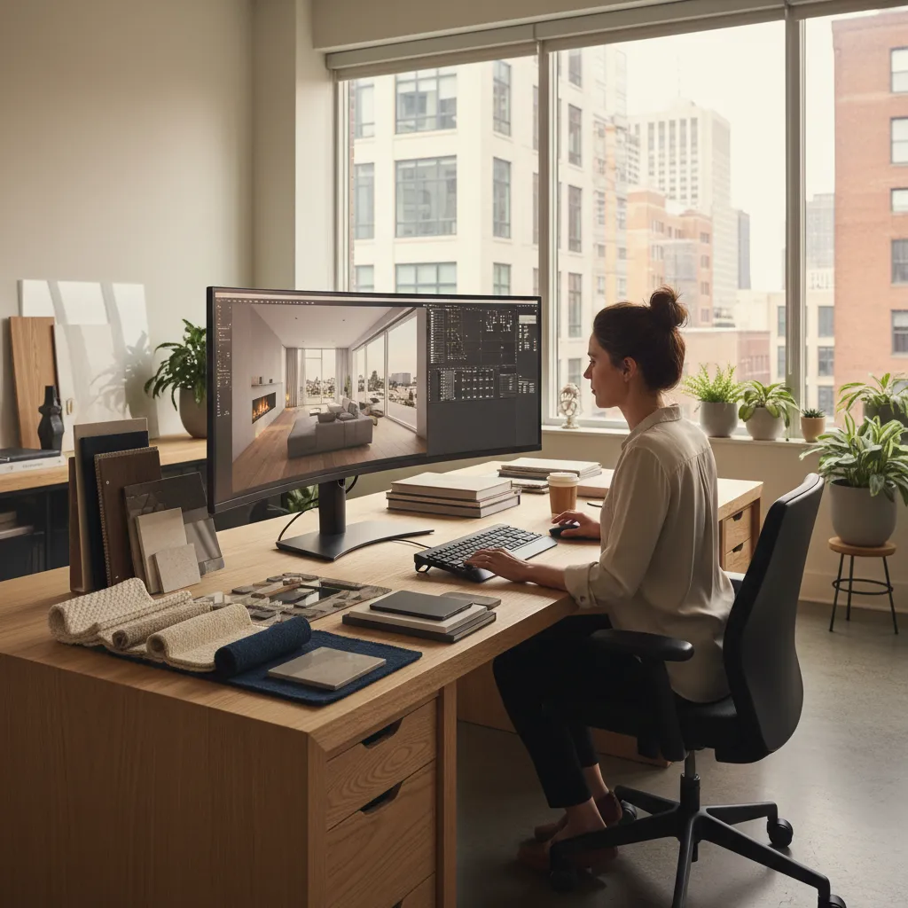 Interior designer sitting at wooden desk with large monitor showing a modern room design drawing