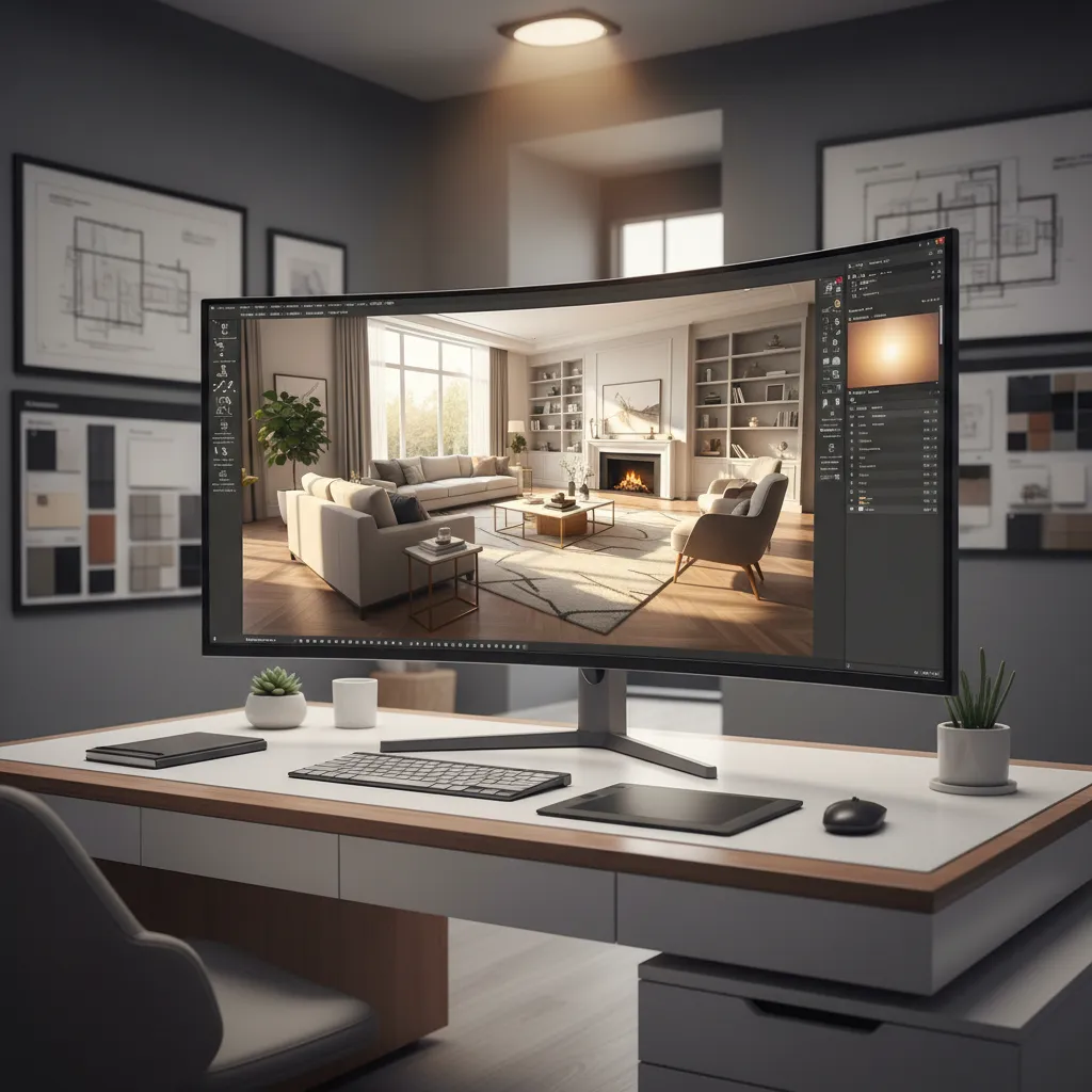 Interior designer reviewing 3D renderings of a living room on a large monitor