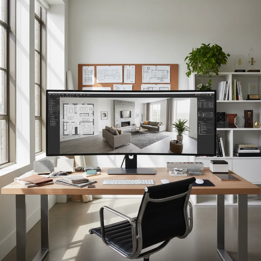 Interior designer planning room layout using 3D floor planning software
