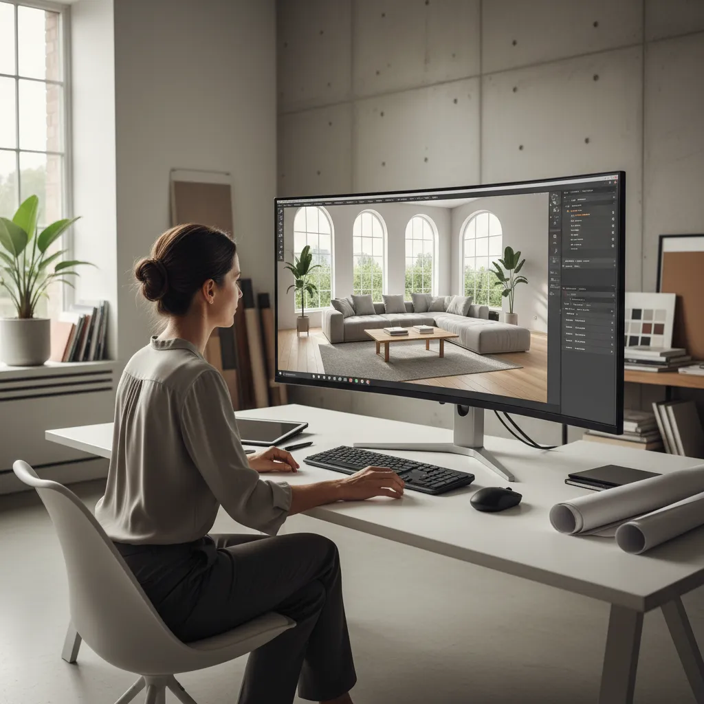 Interior designer creating a realistic 3D room rendering on a computer