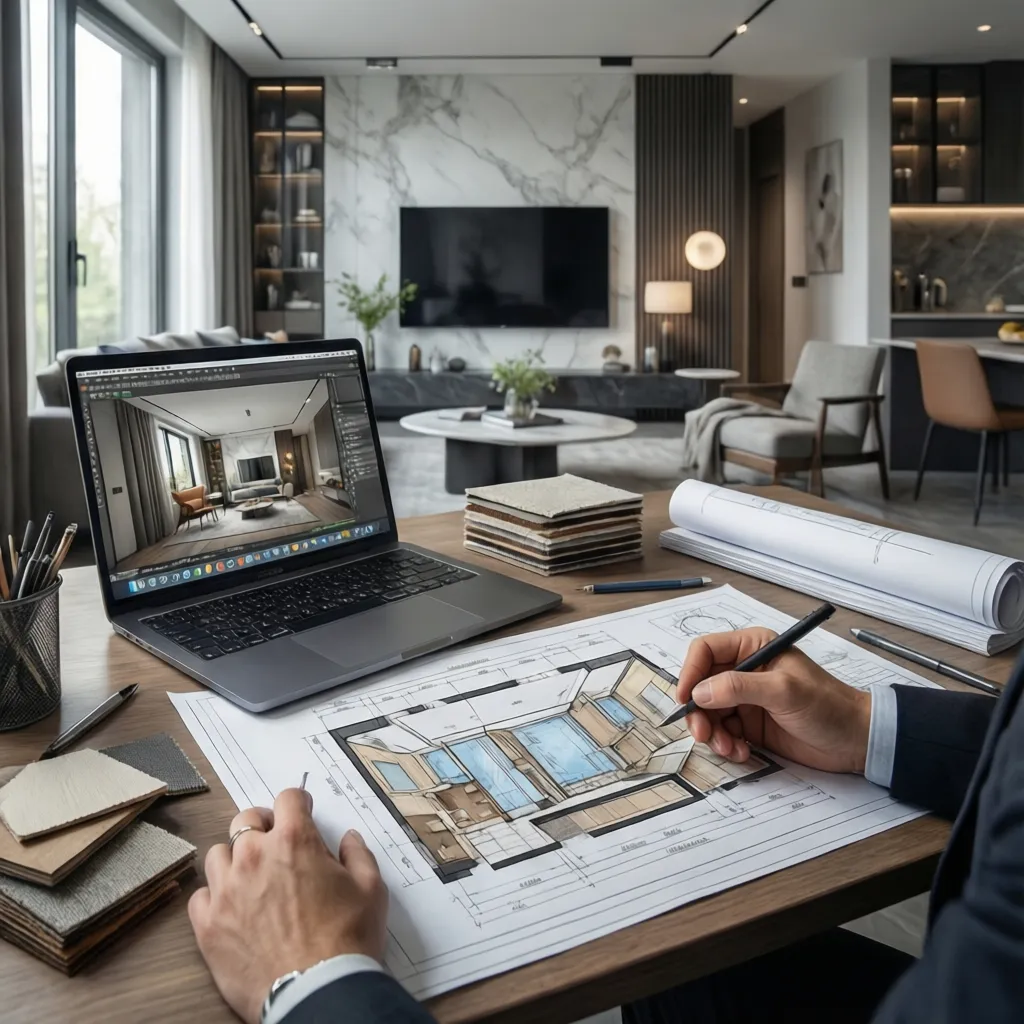 Interior designer sketching room layout on paper with laptop showing a 3D interior design drawing
