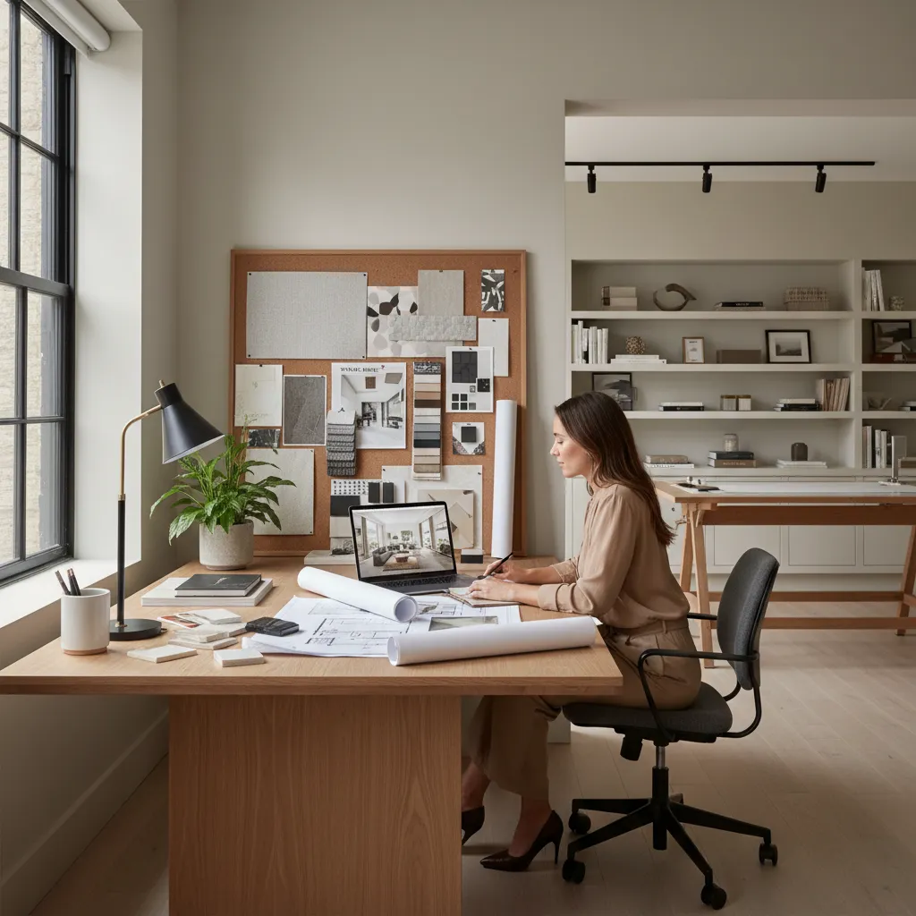 Interior designer reviewing mood boards and layout concepts in a modern studio
