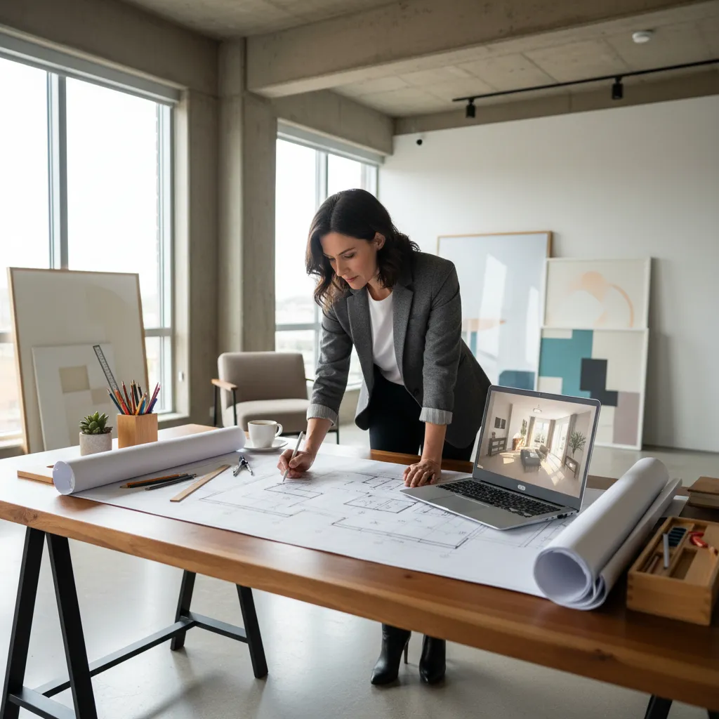 Diseñador de interiores revisando la distribución de un apartamento