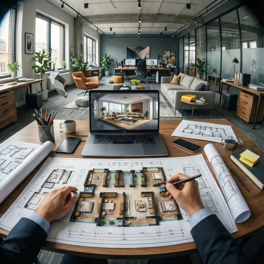 Hands drawing floor plan on desk with laptop showing interior design drawing in modern office