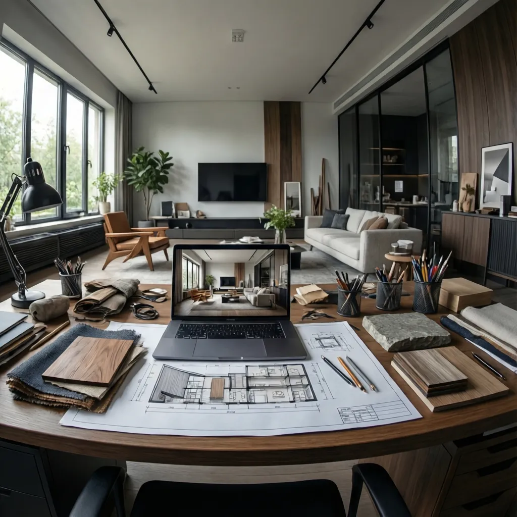 Professional interior designer reviewing living room plans and material samples