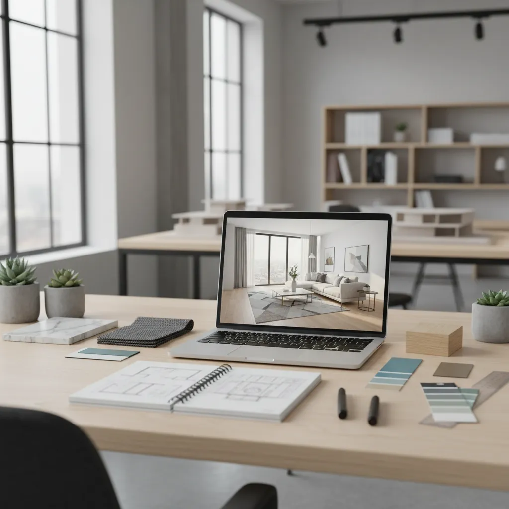 interior designer reviewing project portfolio with laptop and design boards