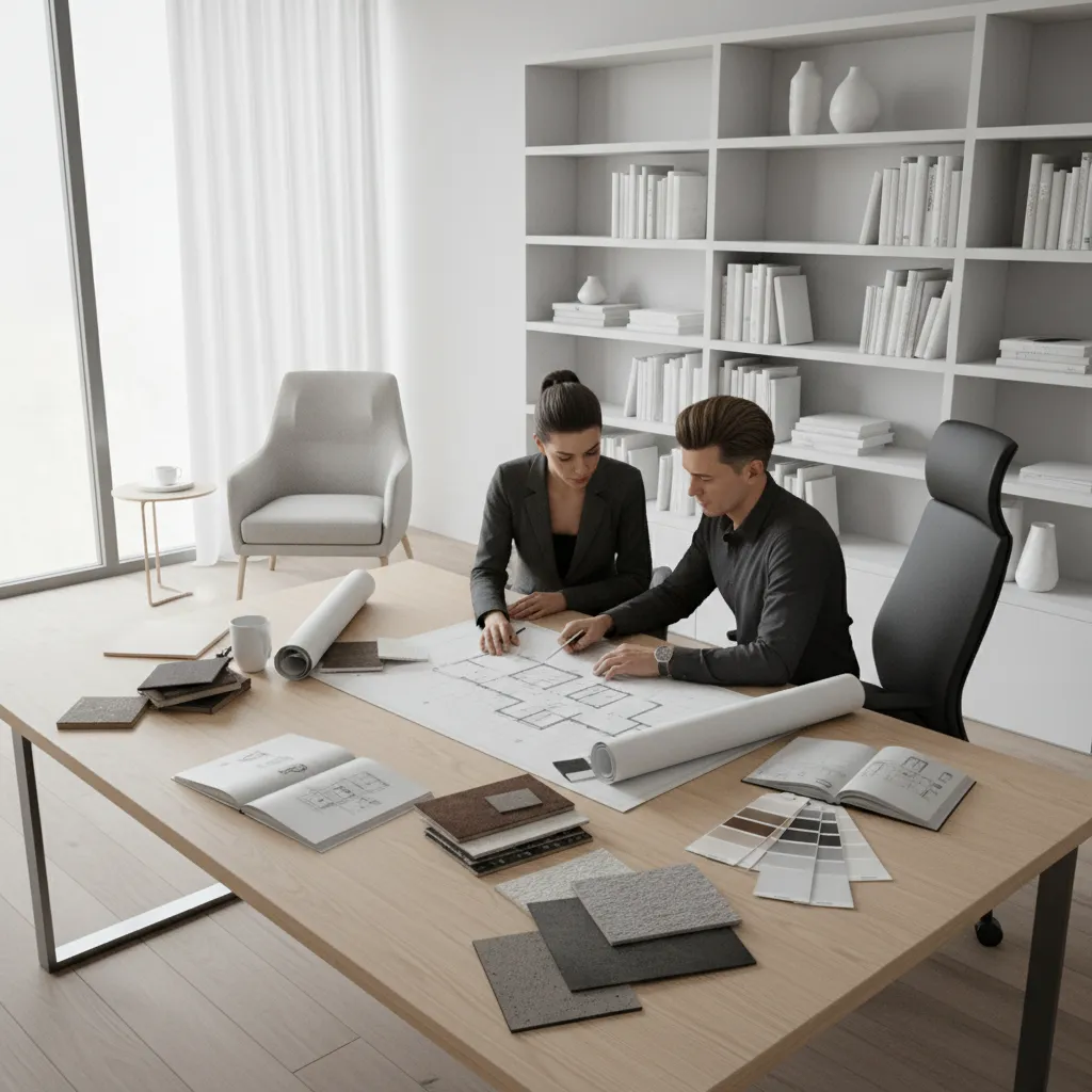 interior designer reviewing residential design plans and material samples at desk