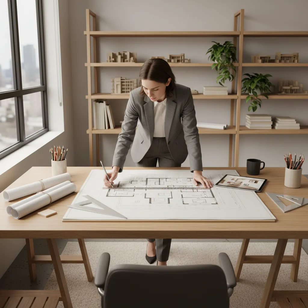 Diseñador de interiores trabajando en planos de distribución