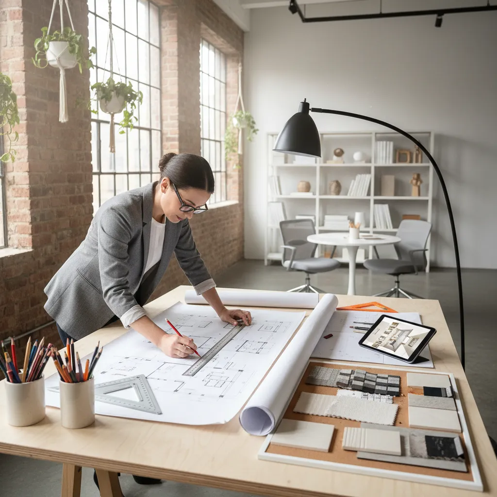 Female interior designer drawing on a large floor plan layout with pencils and material samples