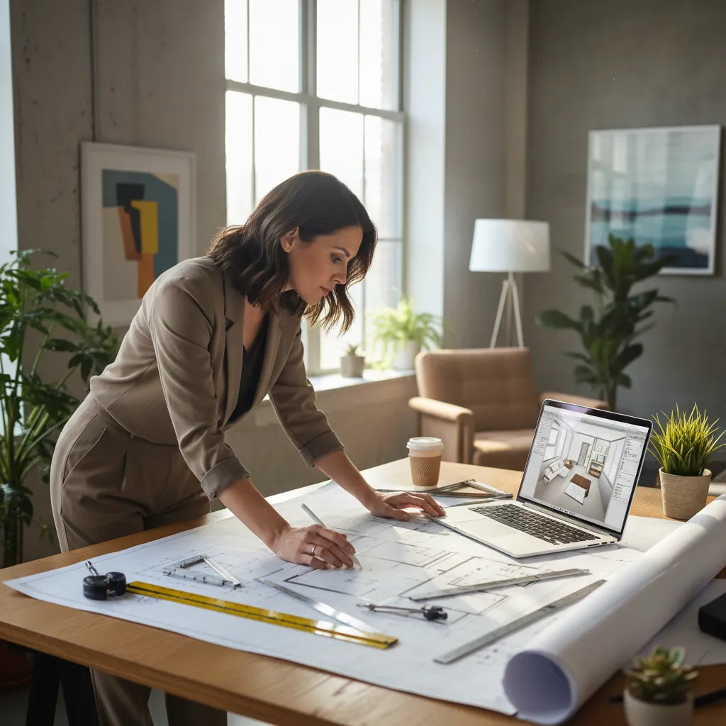 Diseñador revisando planos de distribución en una mesa de trabajo