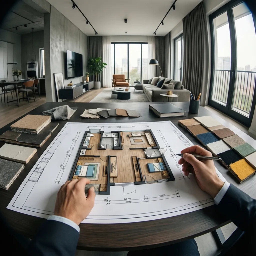 Diseñador revisando planos de distribución en una mesa de trabajo