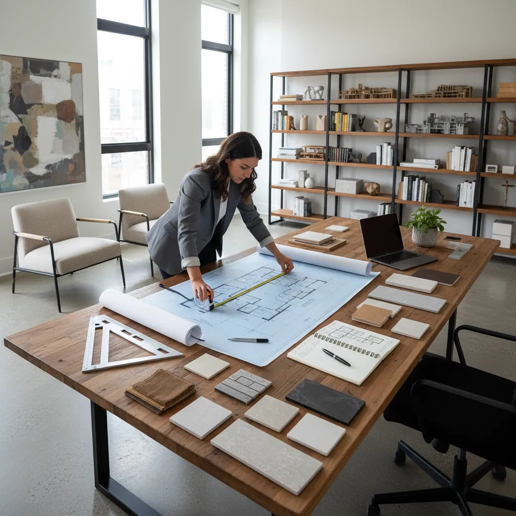 Interior designer measuring a large blue floor plan drawing on a wooden table with samples