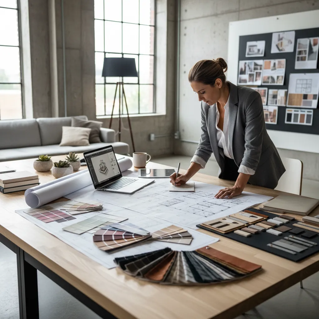 Female interior designer working on floor plan with laptop and material samples on wooden desk