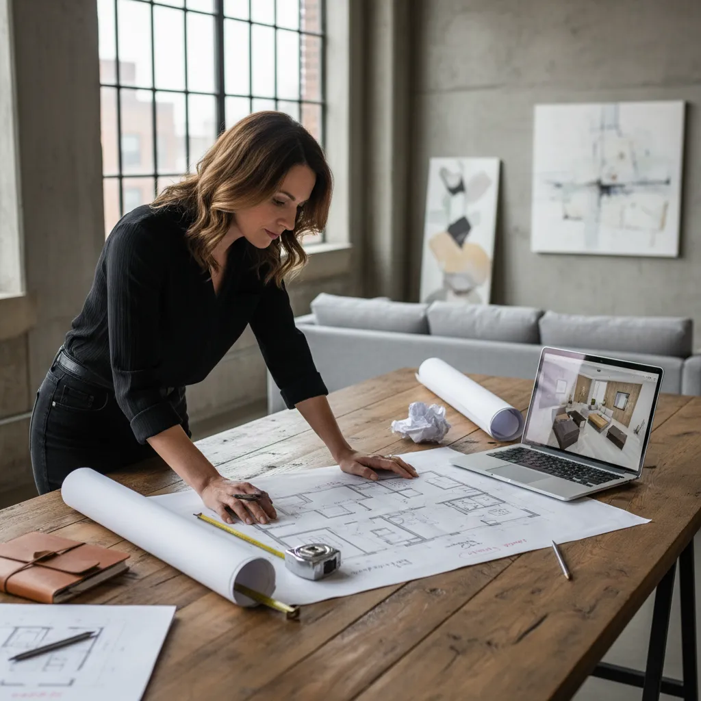 Female interior designer studying house floor plan on wooden table with laptop showing room design