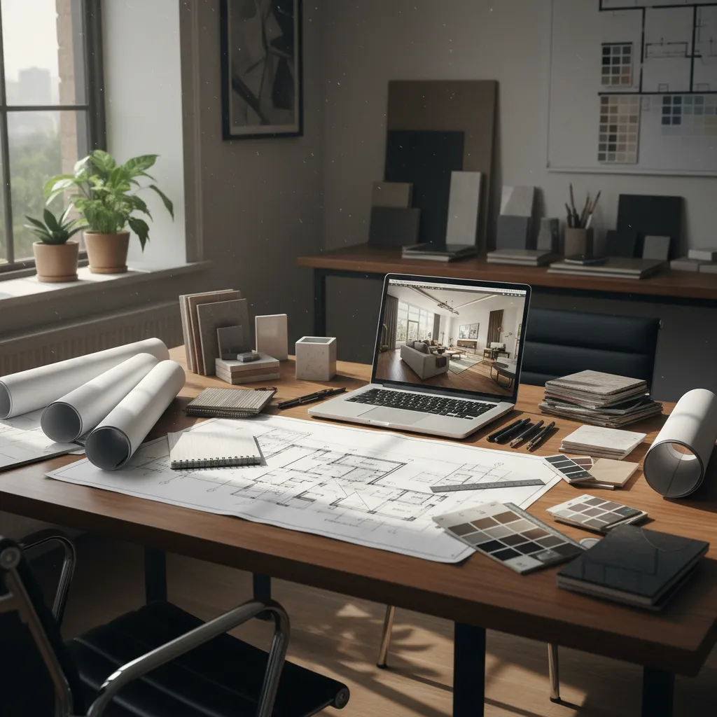 Diseñador de interiores trabajando con planos y muestras de materiales