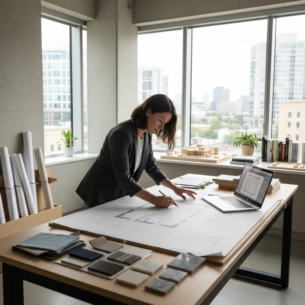 Diseñador de interiores revisando planos de distribución en estudio