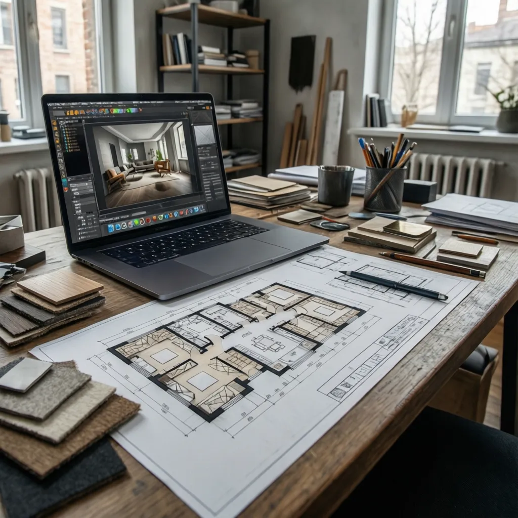 Laptop showing interior design software next to a printed floor plan and various material samples