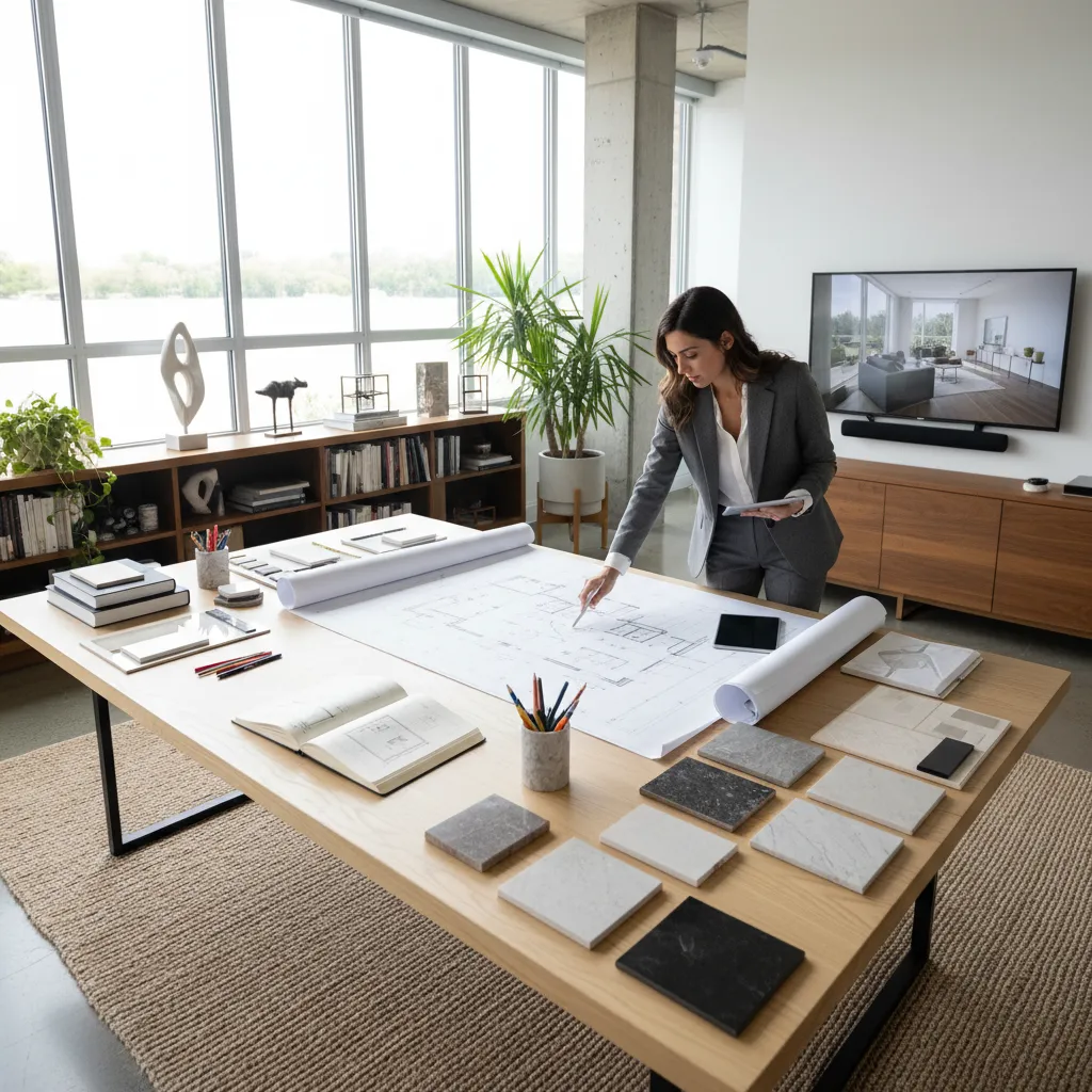 Diseñador revisando planos de distribución en una mesa de trabajo
