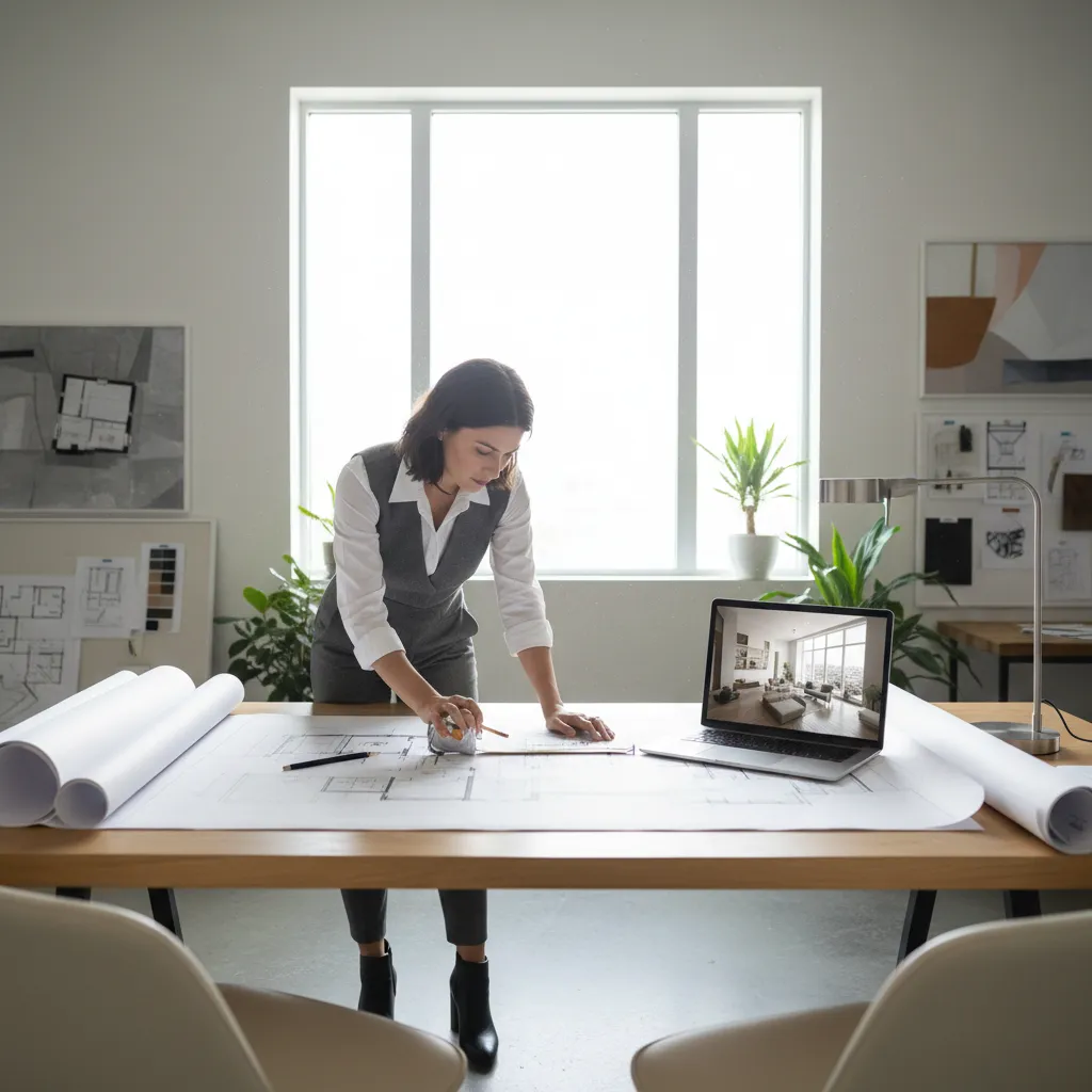 Diseñador de interiores revisando planos de una vivienda