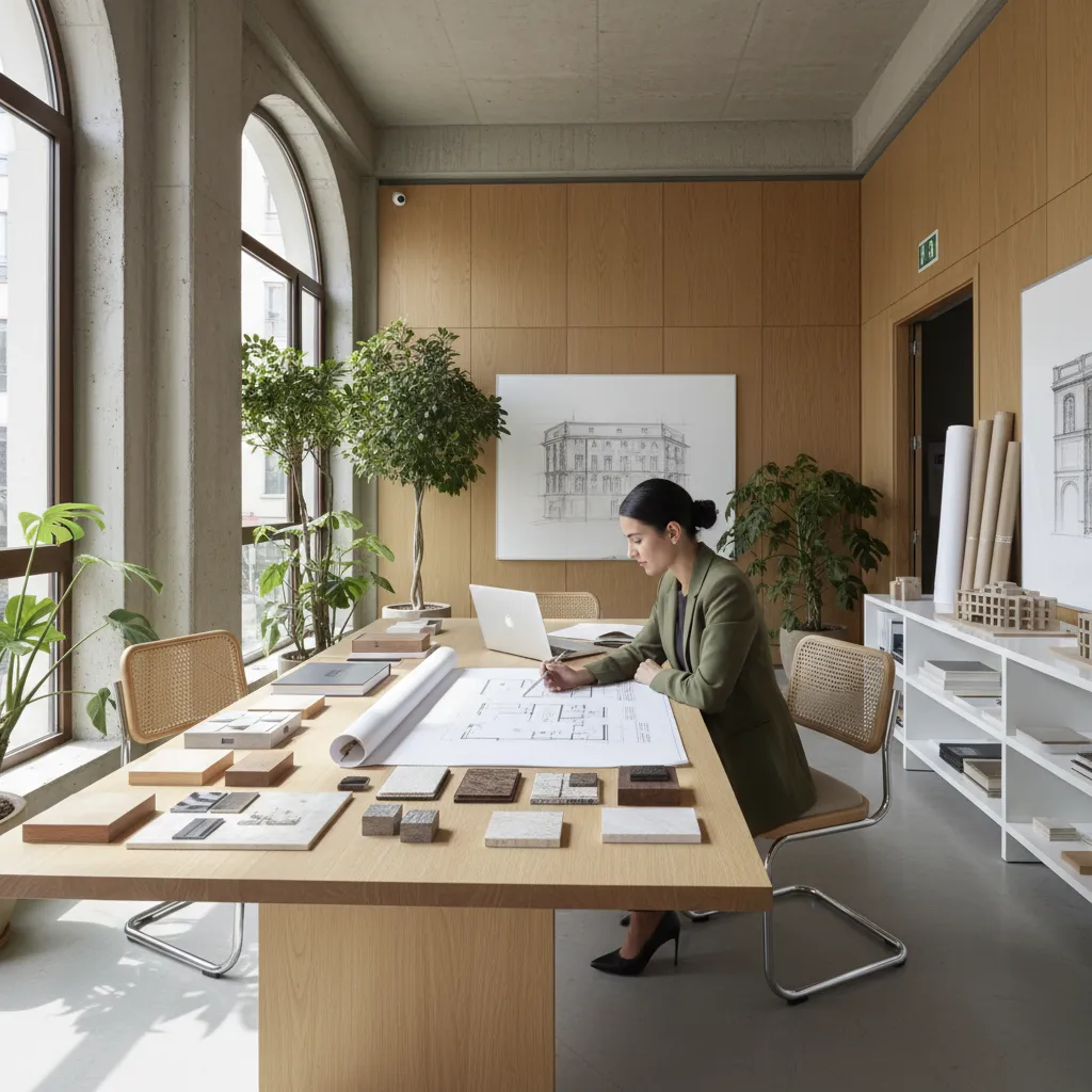 Interiorista revisando planos de un apartamento en estudio de diseño