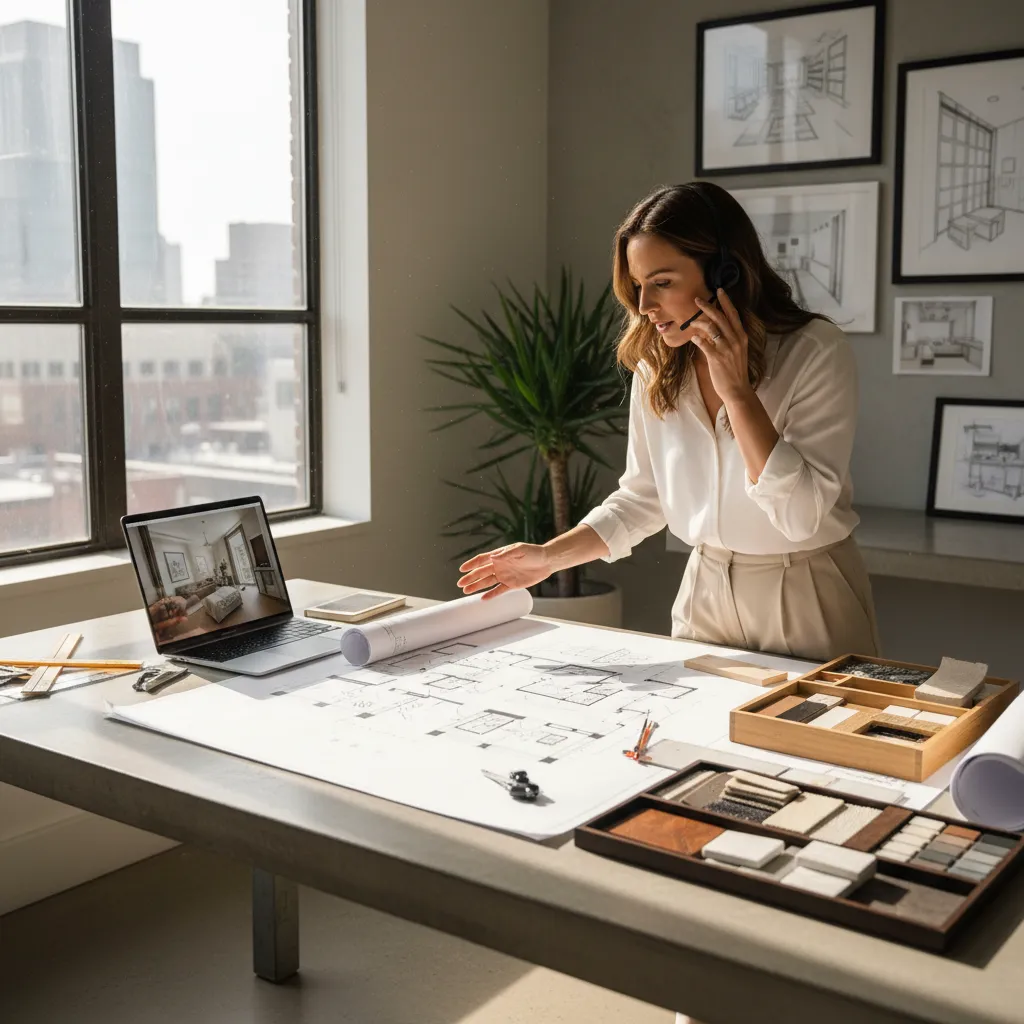 Decorador de interiores revisando planos de vivienda