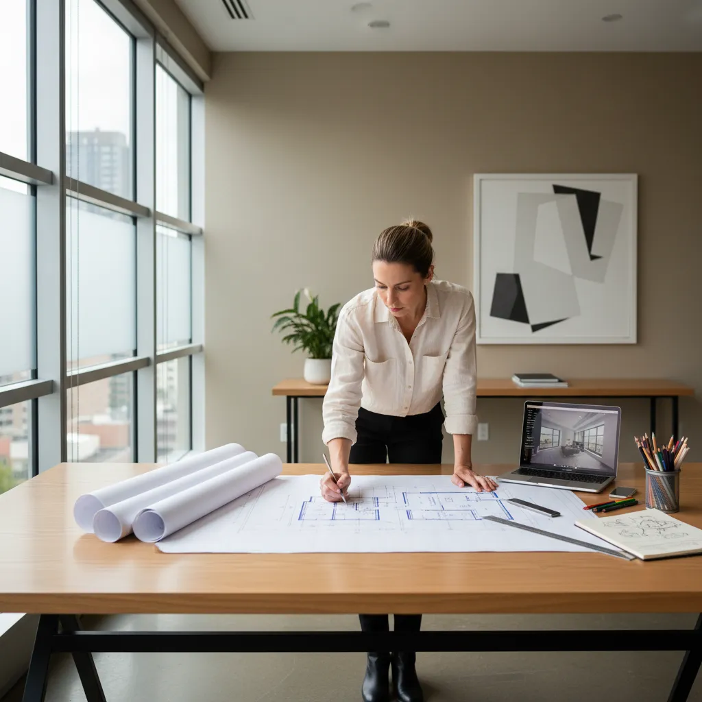Diseñador revisando planos de interiorismo en una mesa de trabajo