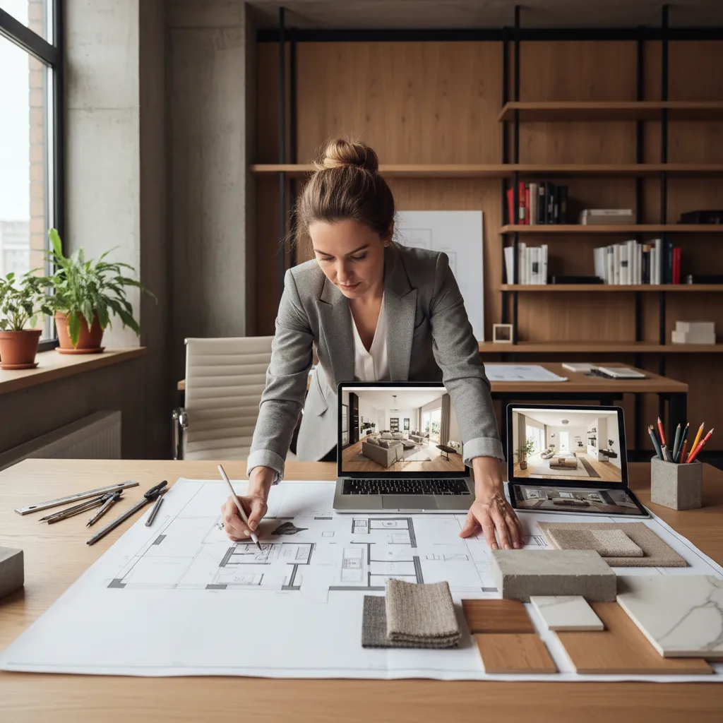 Diseñador revisando planos de distribución en una mesa de trabajo