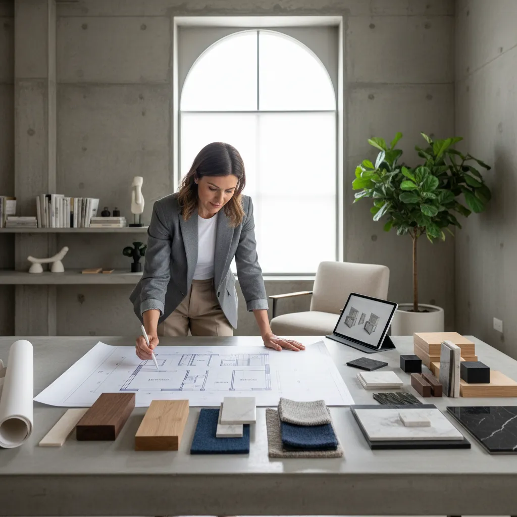 Diseñador revisando planos de una vivienda en una mesa de trabajo