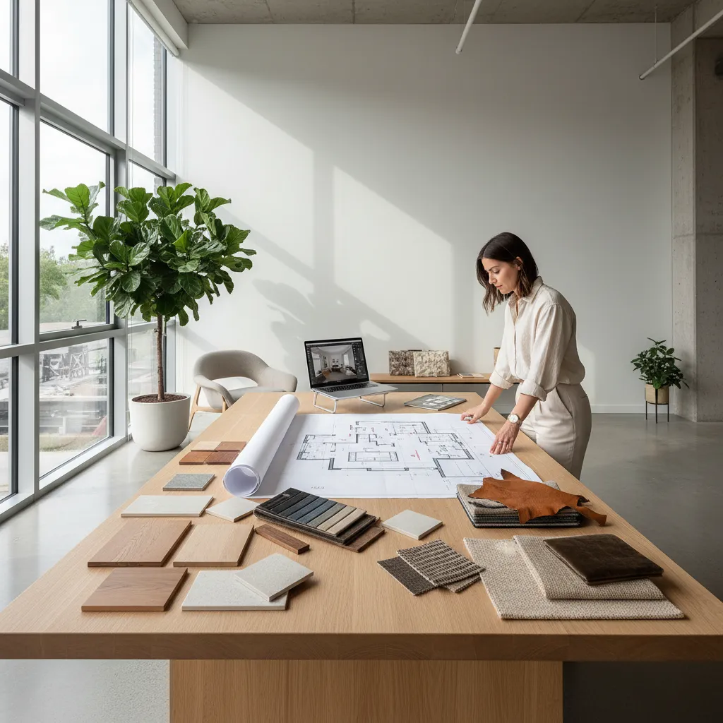Interior designer reviewing house floor plan on wooden table with material samples in bright studio