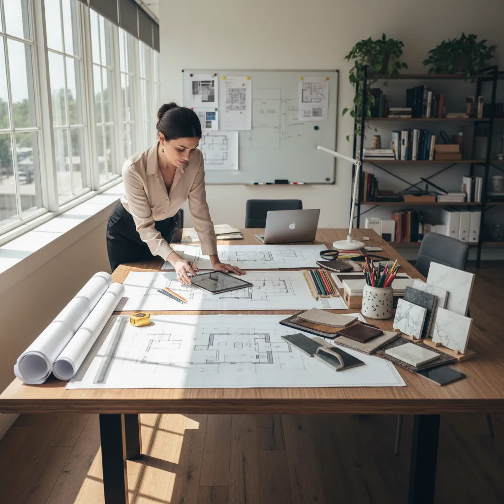 Diseñadora revisando planos de interiorismo en un estudio profesional
