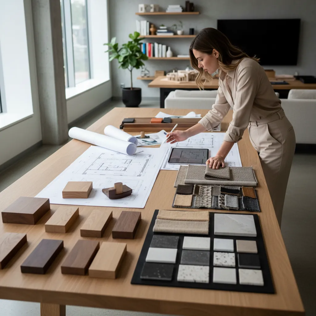 Diseñador analizando planos y materiales para un proyecto residencial