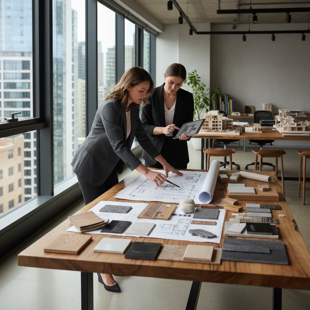 Diseñador de interiores trabajando en planos de una vivienda