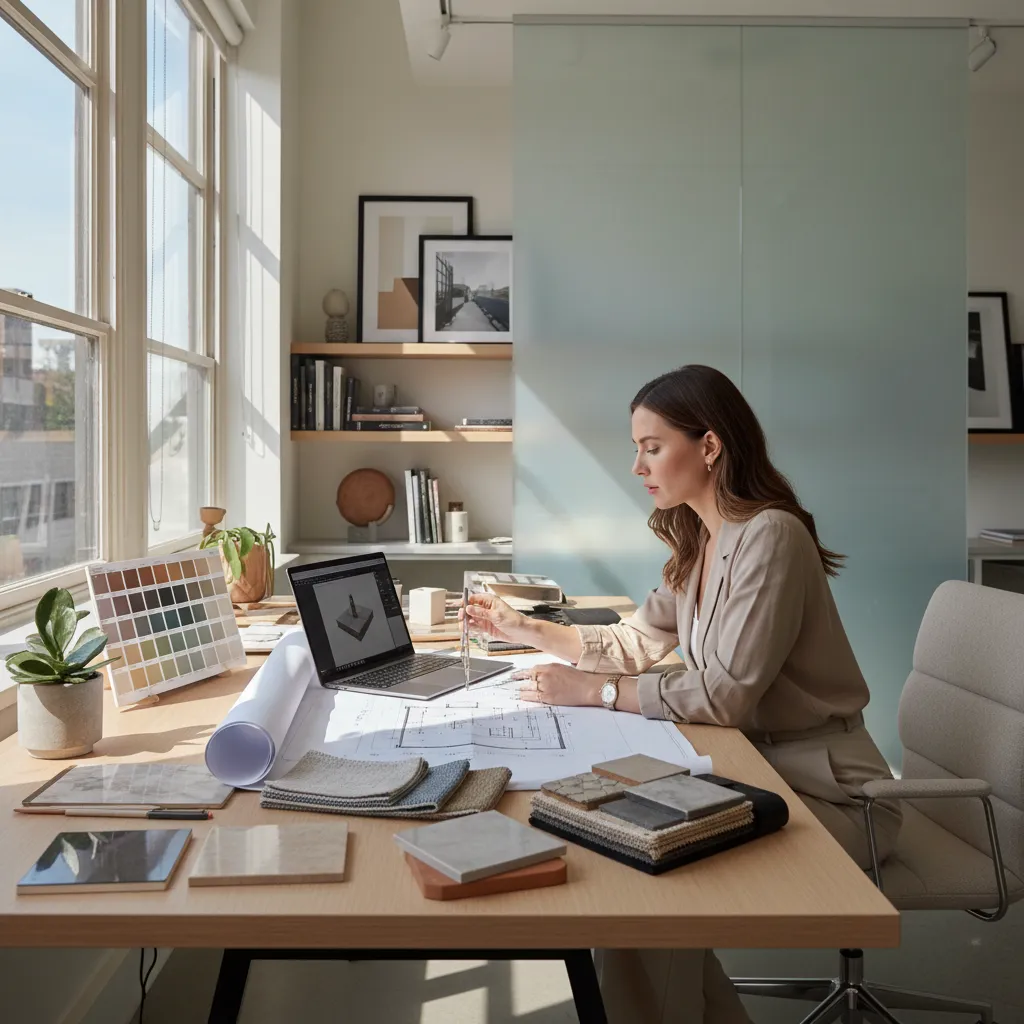 Diseñador de interiores trabajando en planos y muestras de materiales