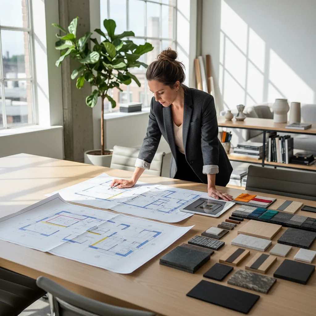 Diseñador revisando planos y muestras de materiales para un proyecto de interiorismo