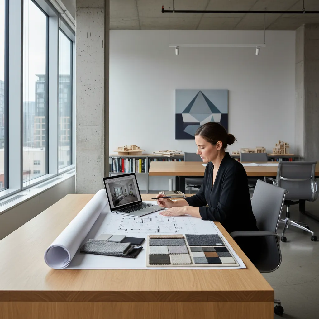 Diseñador revisando planos de interiorismo en un estudio