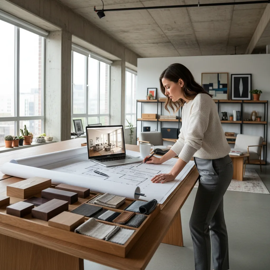 Diseñador revisando planos de interiorismo en un estudio profesional