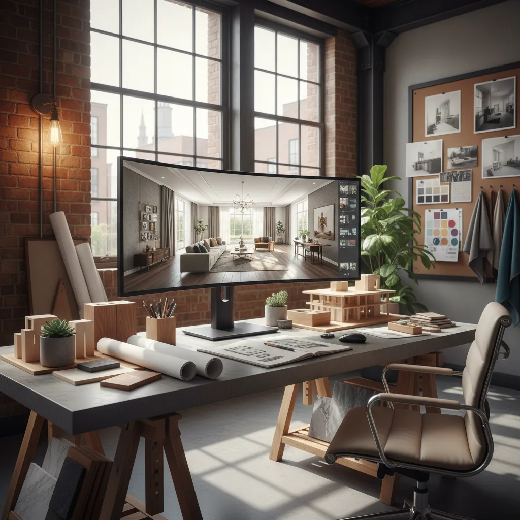 Diseñador de interiores trabajando en planos y visualizaciones en estudio