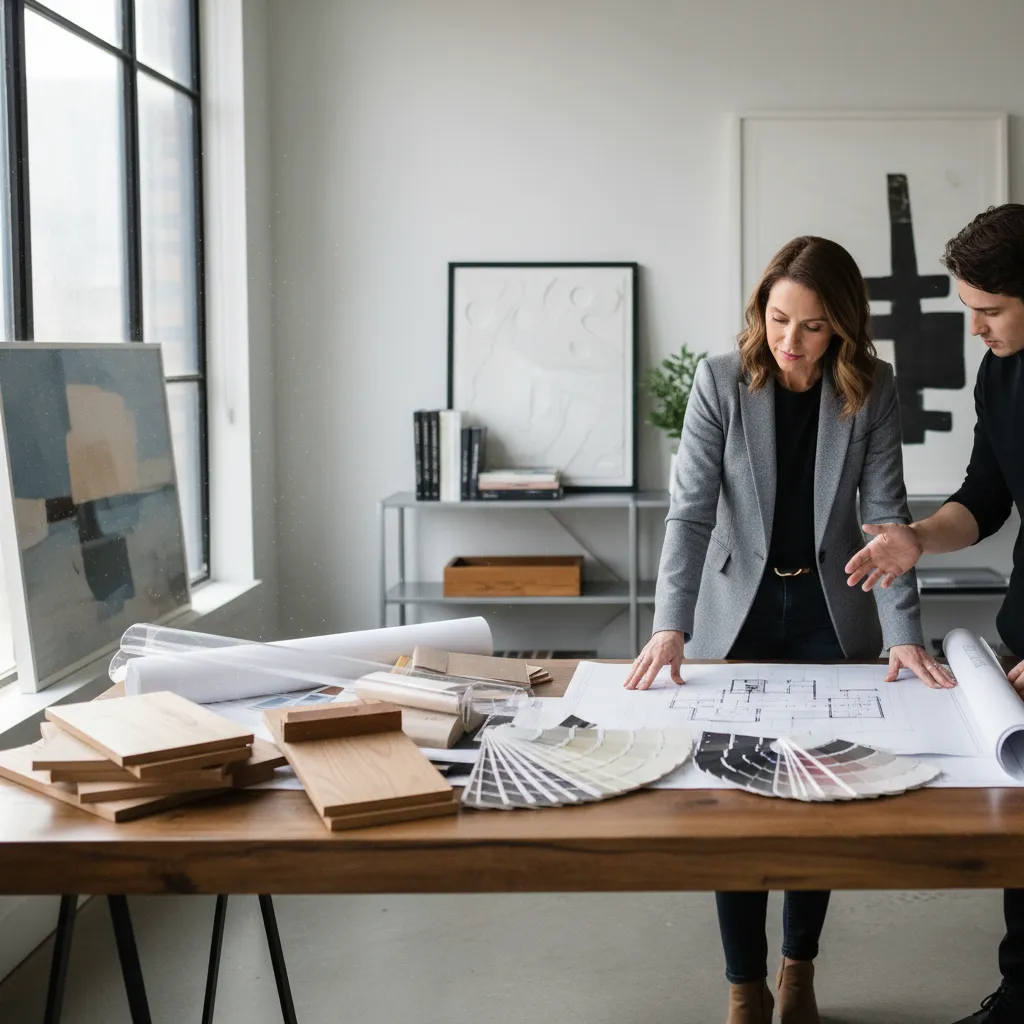 Two interior designers looking at floor plans wood samples and color palettes on large table