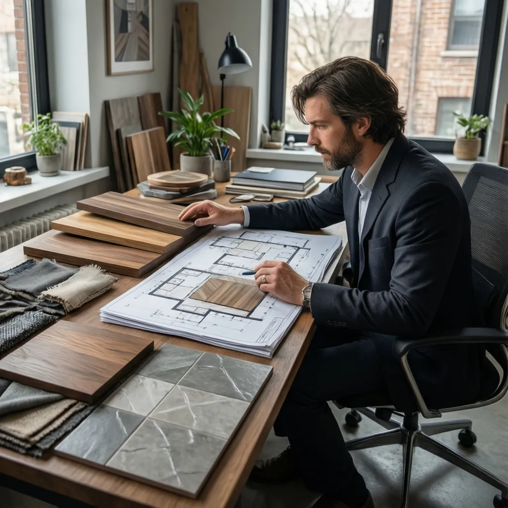 Interior designer at wooden desk reviewing room floor plan with wood samples and fabric swatches