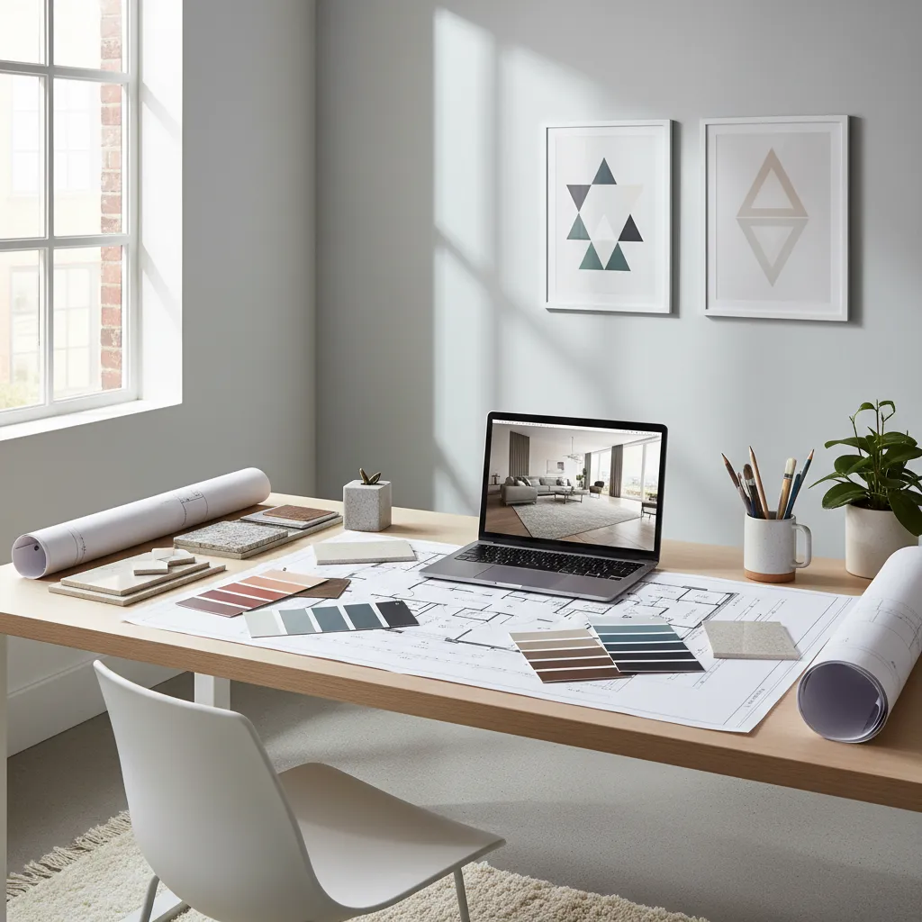 Diseñador de interiores revisando muestras de materiales y planos