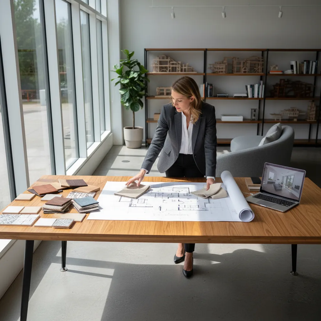 Diseñador de interiores revisando planos y muestras de materiales